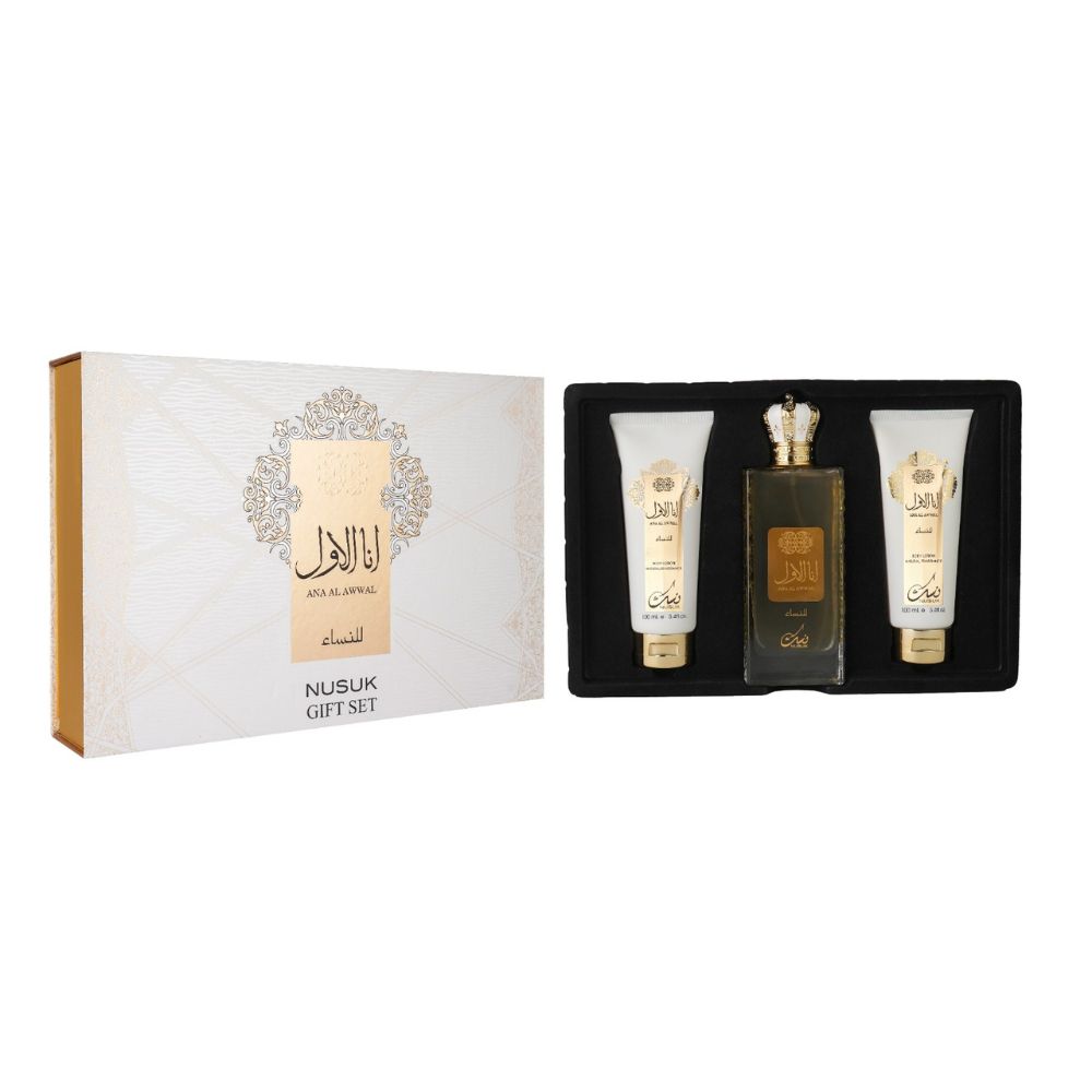 Frasco oficial do perfume COFFRET NUSUK ANA AL AWWAL GOLDEN EDP 100ML+BL100ML+SG100ML
