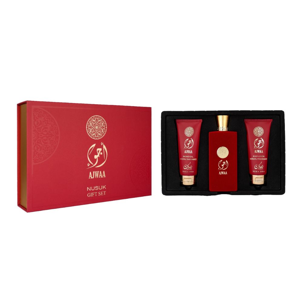 Frasco oficial do perfume COFFRET NUSUK AJWAA RED EDP 100ML+BL100ML+SG100ML