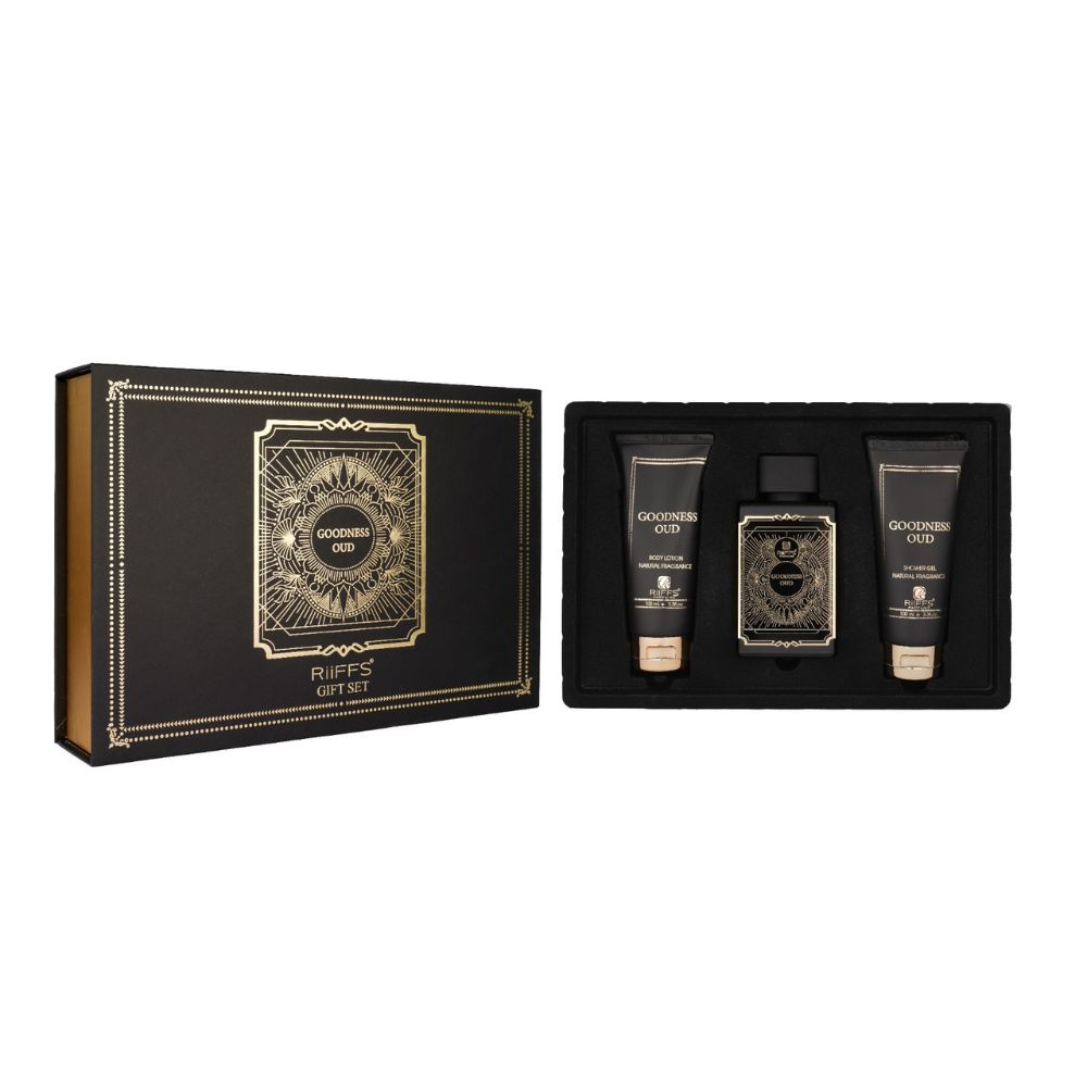 Frasco oficial do perfume COFFRET RIIFFS GOODNESS OUD BLACK EDP 100ML+BL 100ML+SG 100ML