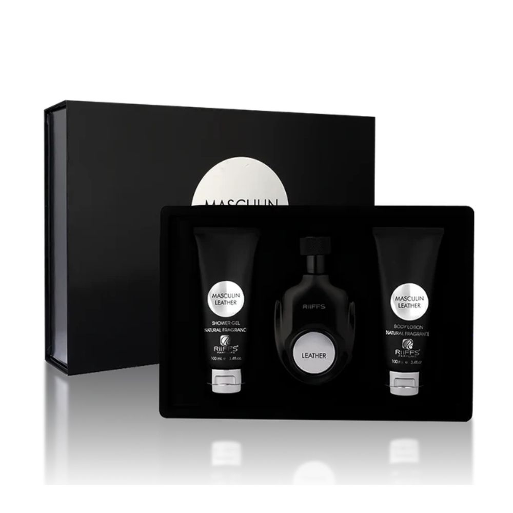 Frasco oficial do perfume COFFRET RIIFFS MASCULIN LEATHER EDP 100ML+BL 100ML+SG 100ML