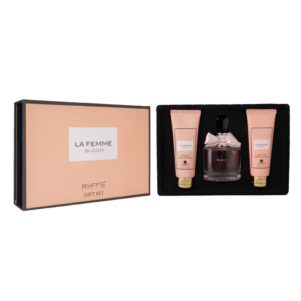 Frasco oficial do perfume COFFRET RIIFFS LA FEMME BLOOM EDP 100ML+BL 100ML+SG 100ML