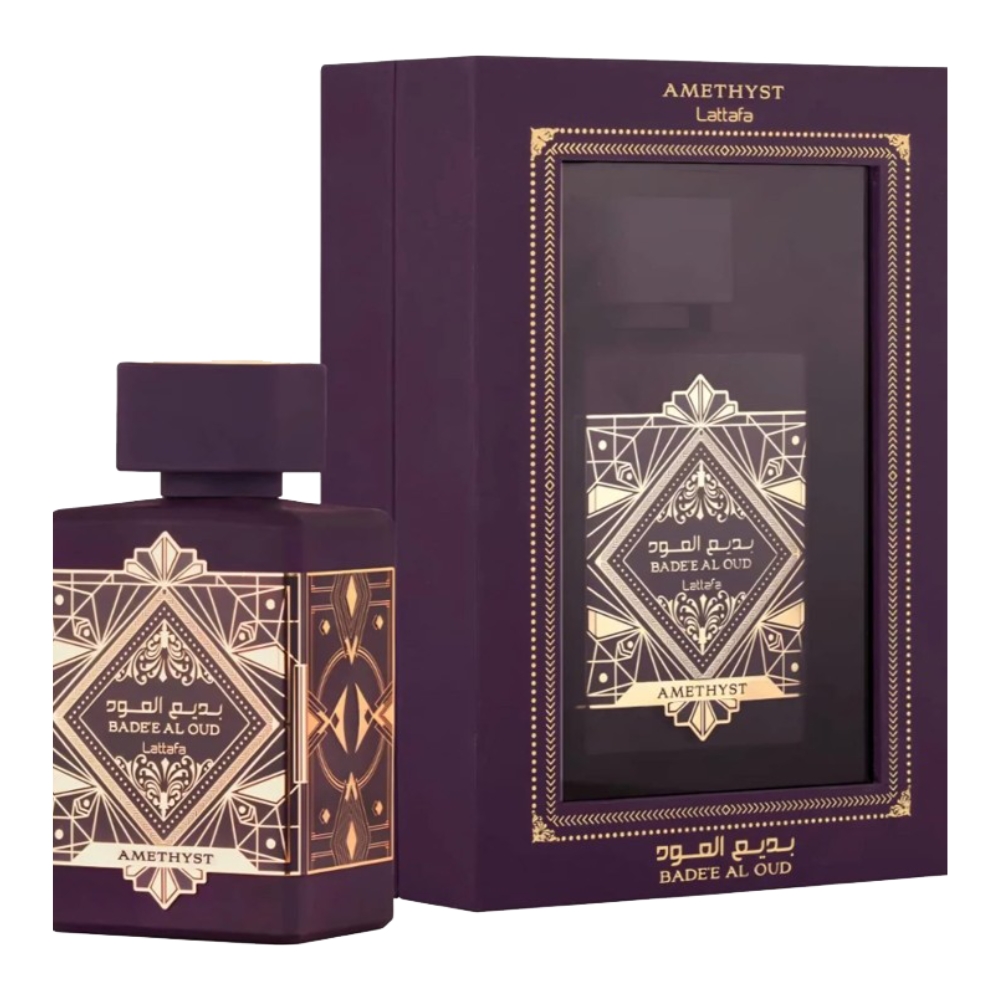 Frasco oficial do perfume LATTAFA BADEE AL OUD AMETHYST EDP 100ML