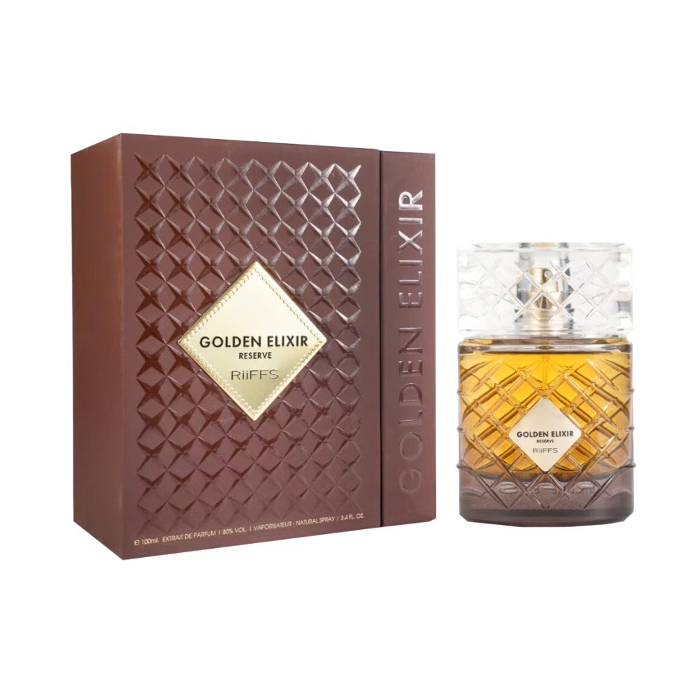 Frasco oficial do perfume RIIFFS GOLDEN ELIXIR RESERVE EDP 100ML