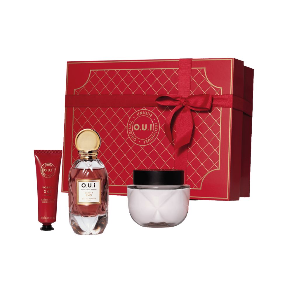 Frasco oficial do perfume OUI KIT SCAPIN 245 EDP 75ML+HIDRAT 200G+CR MAOS 30G