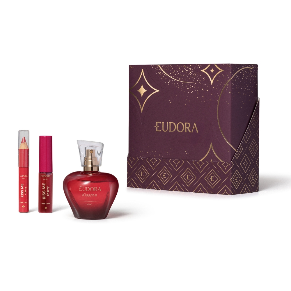 Frasco oficial do perfume EUD KIT KISS ME NOW DEO COL 50ML+GLOSS LAB+LAPIS 3EM1