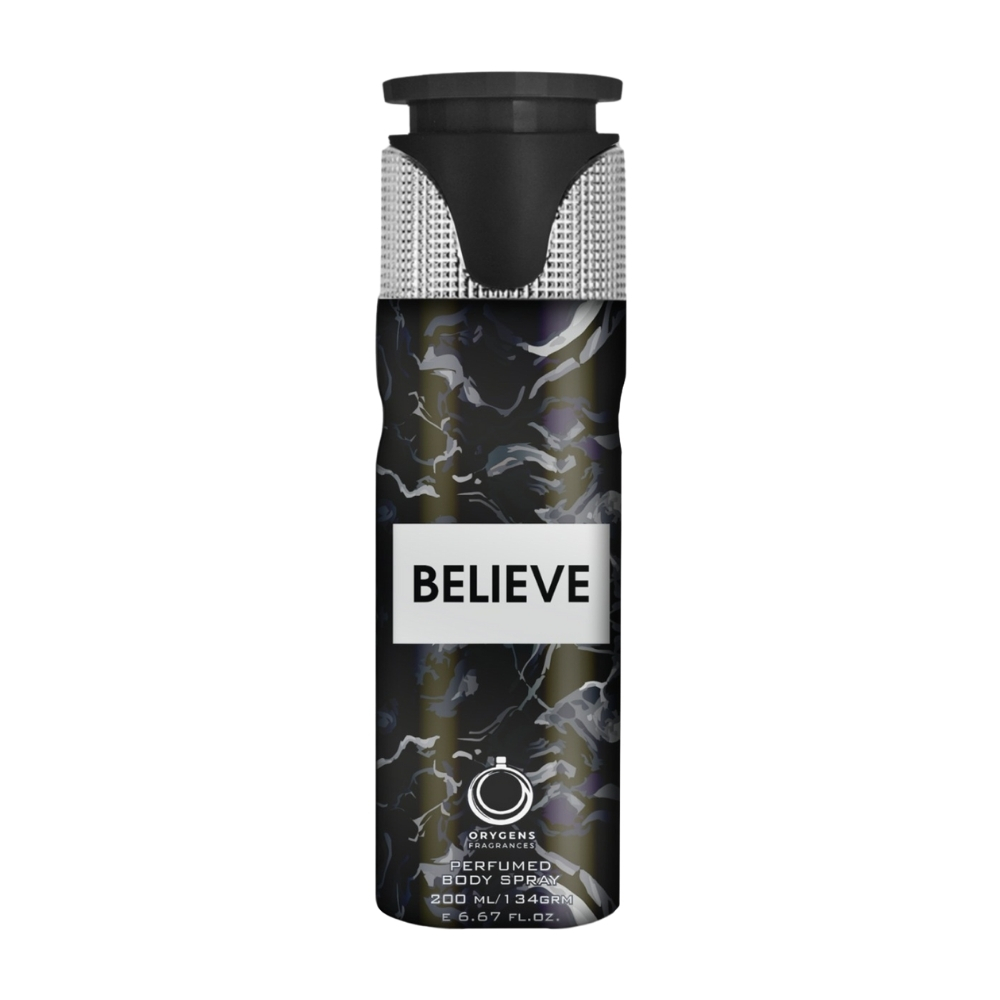 Frasco oficial do perfume ORYGENS BODY SPRAY BELIEVE 200ML